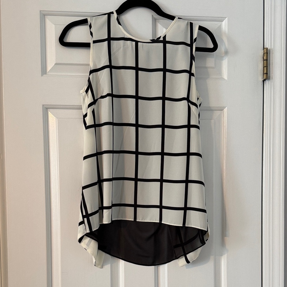 Aqua Black and White Grid Sleeveless Blouse